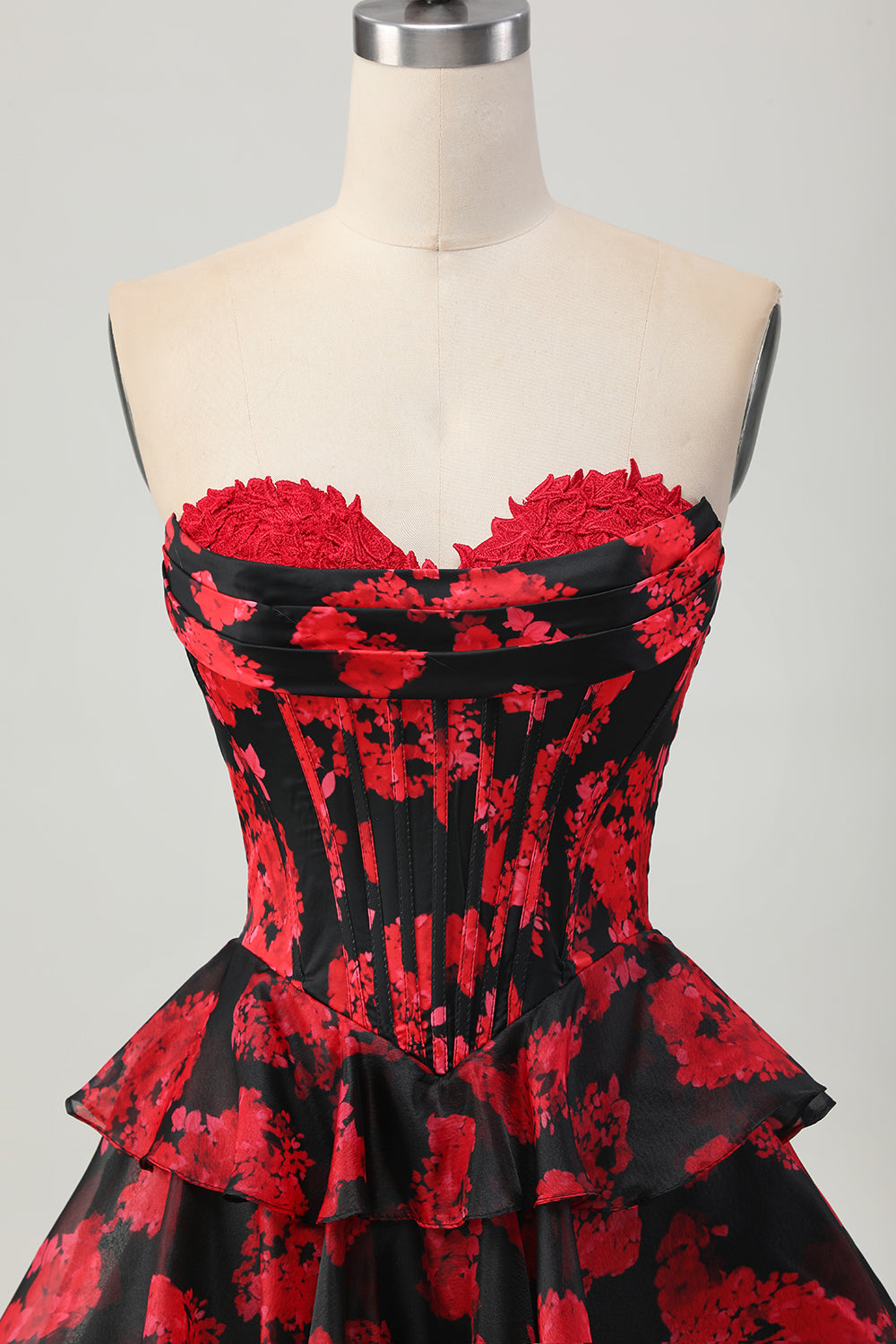 Floral Black and Red Sweetheart Short Corset Homecoming Dress with Ruffles