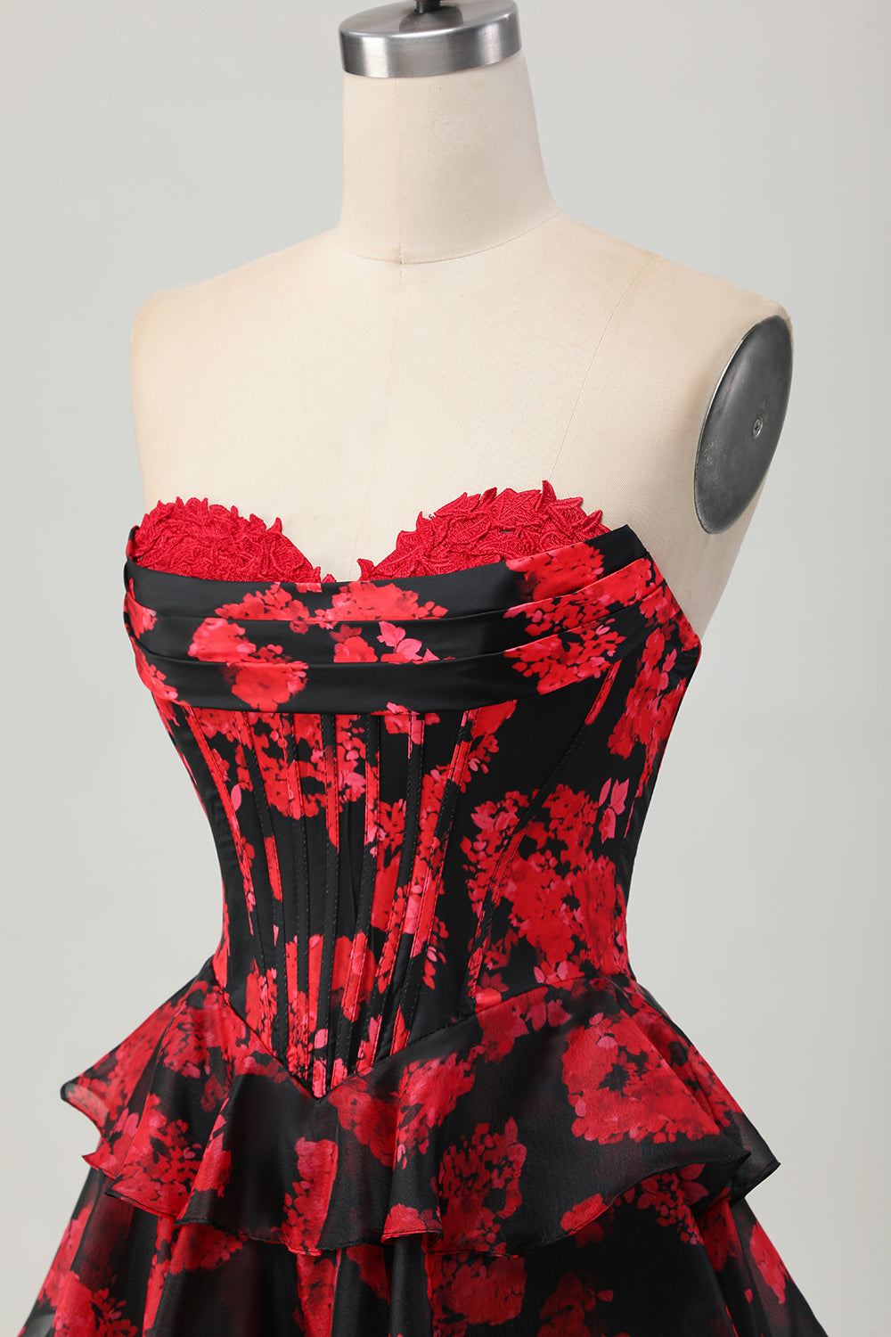 Floral Black and Red Sweetheart Short Corset Homecoming Dress with Ruffles