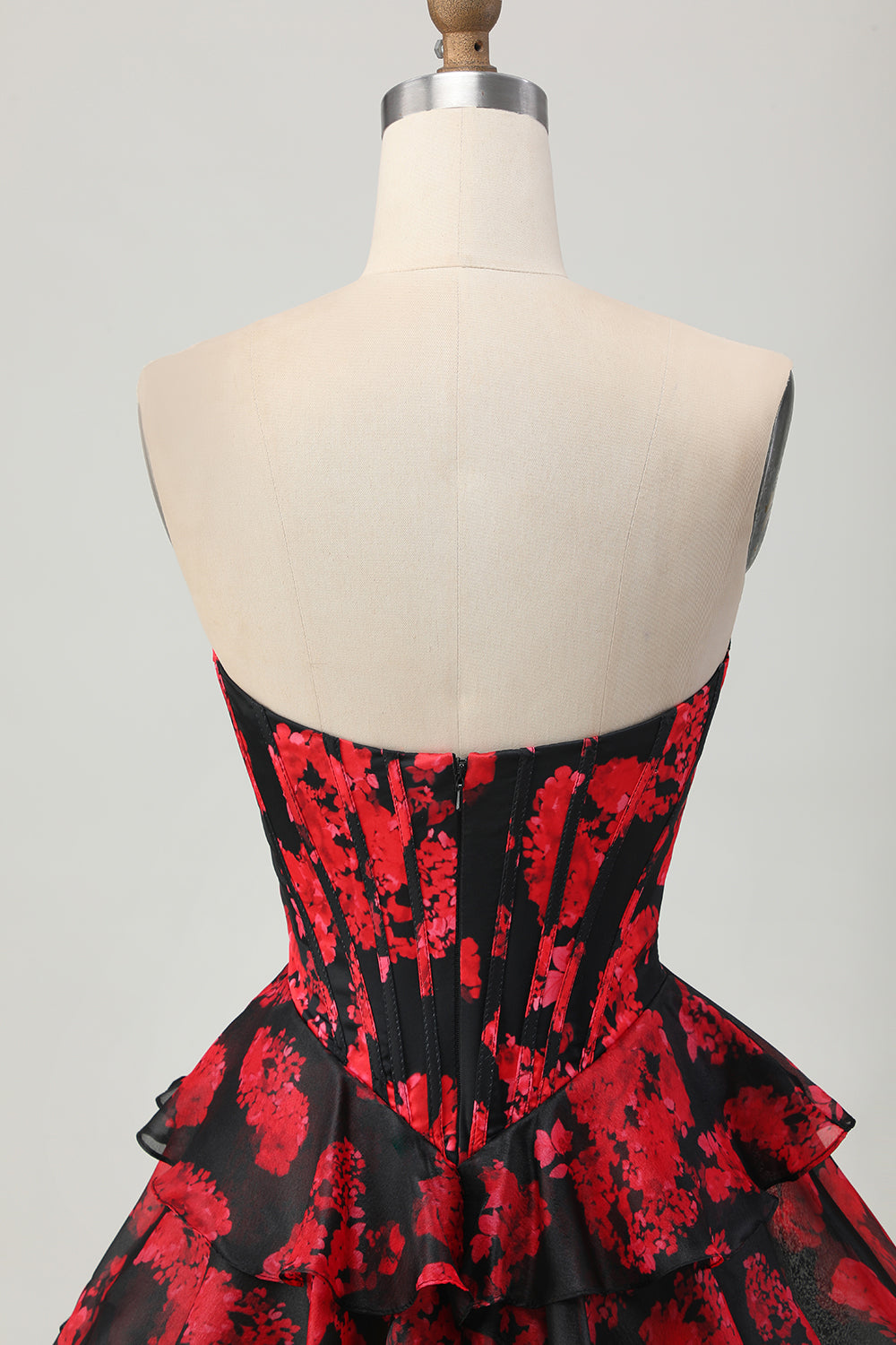 Floral Black and Red Sweetheart Short Corset Homecoming Dress with Ruffles