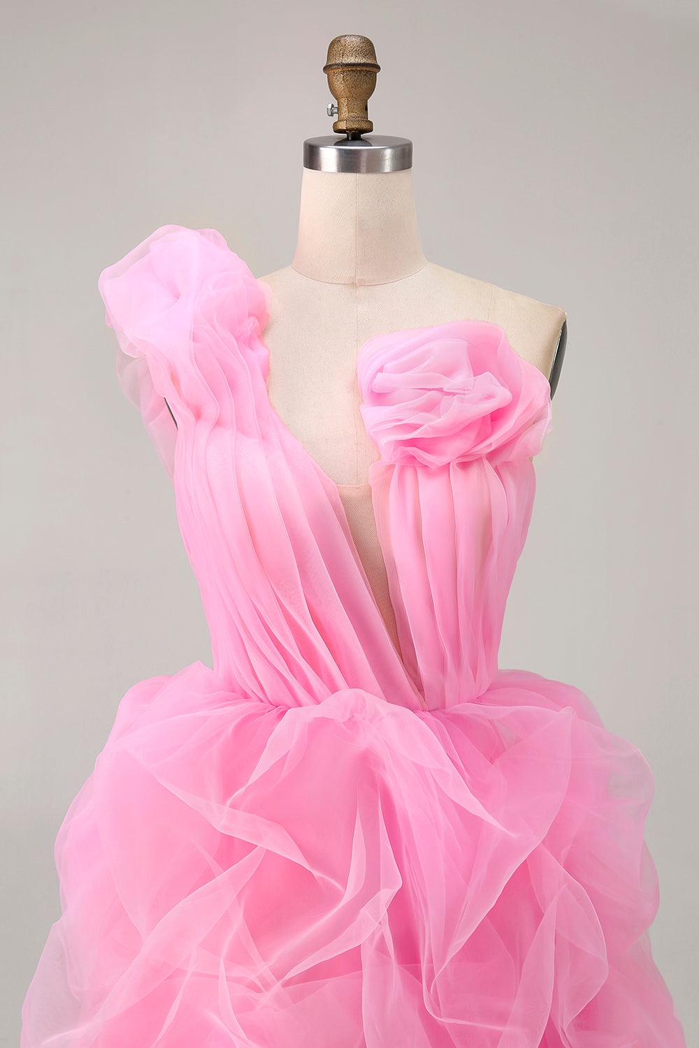 Hot Pink Floral Ruffled One Shoulder Tulle High-Low Homecoming Dress