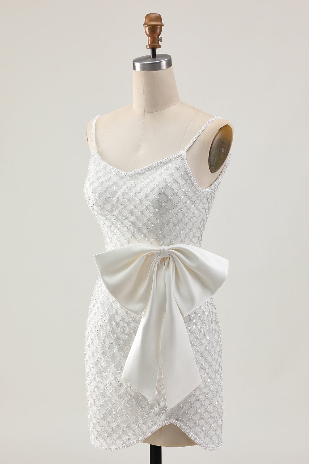 Sparkly White Tight Cami Short Homecoming Dress with Pearls