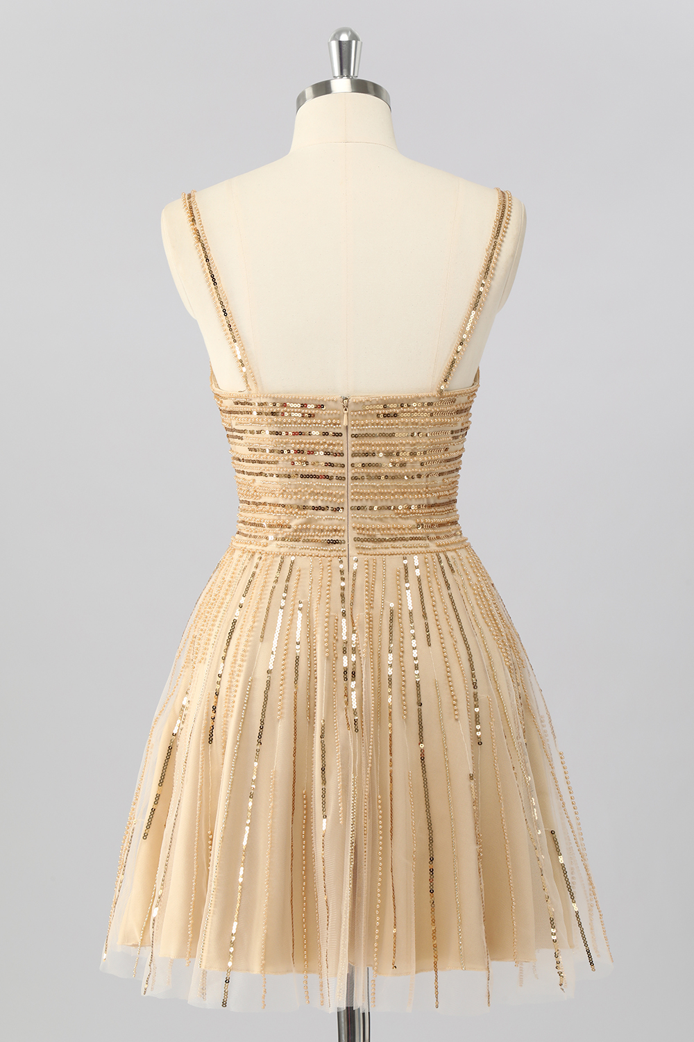 Spary Gold Tulle A Line Curt Out Short Beaded Homecoming Dress