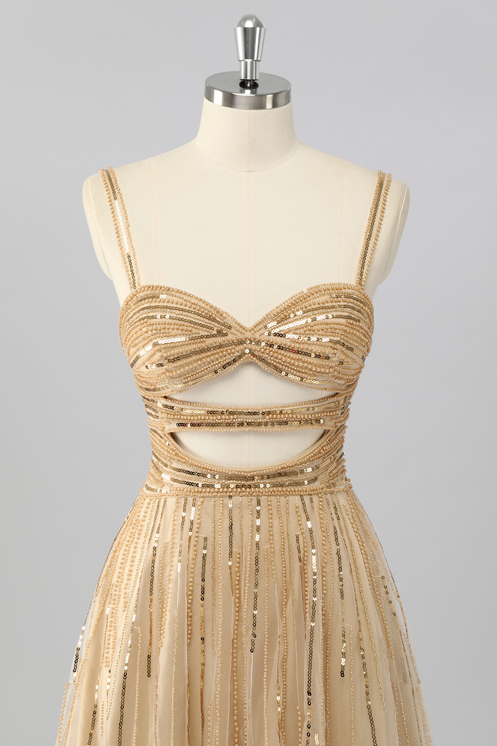 Spary Gold Tulle A Line Curt Out Short Beaded Homecoming Dress