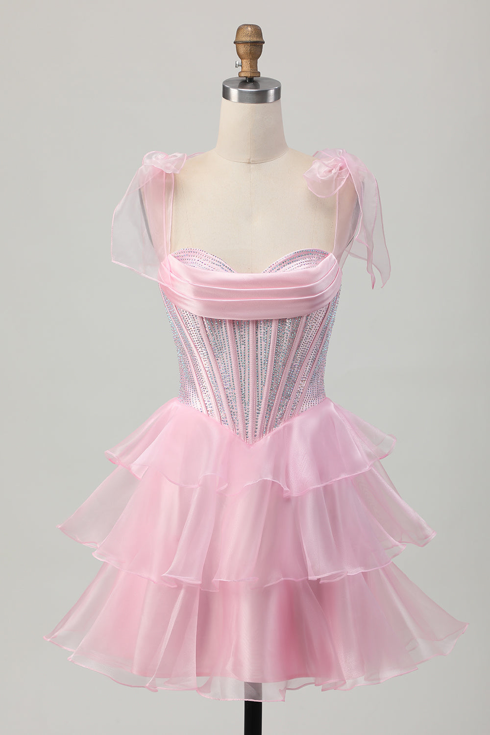 Sparkly Pink Tiered Ruched Short Corset Homecoming Dress with Beading