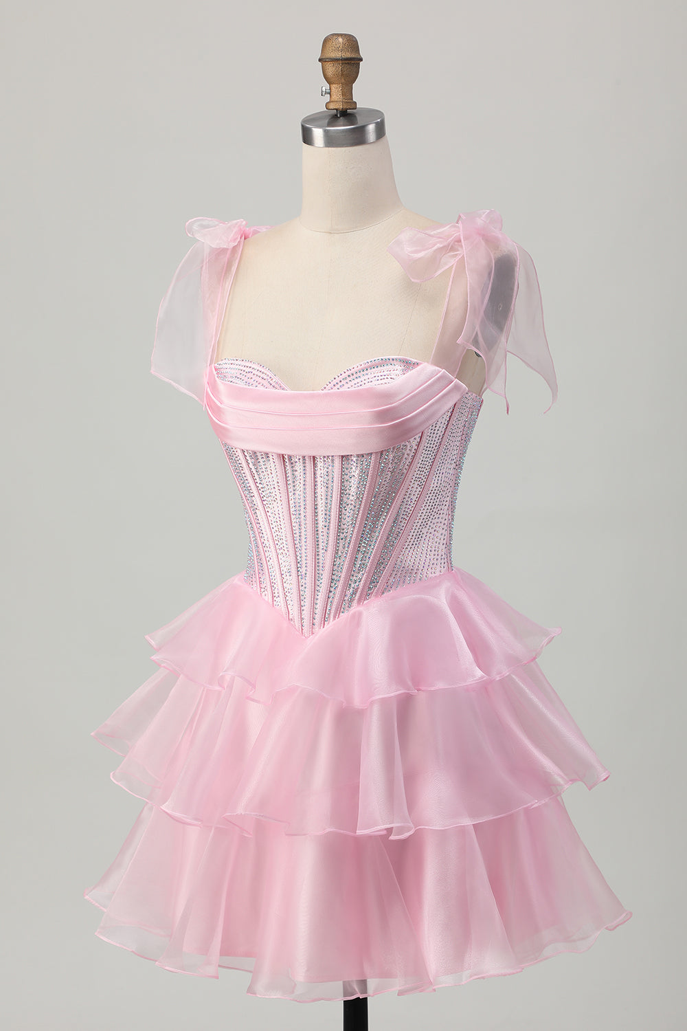 Sparkly Pink Tiered Ruched Short Corset Homecoming Dress with Beading