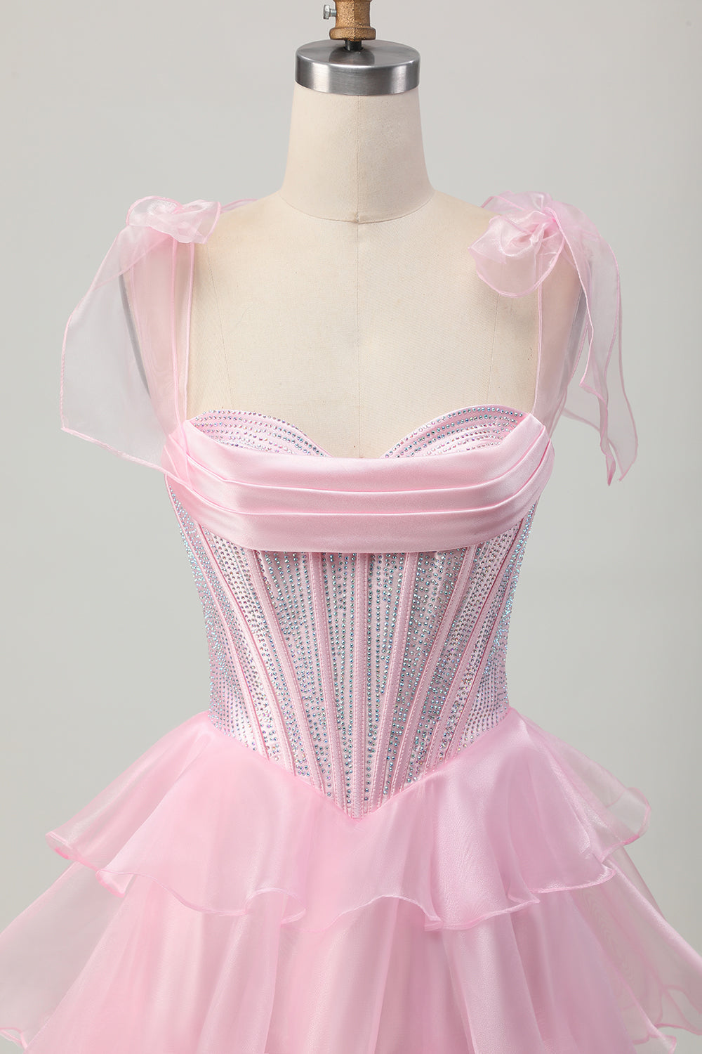 Sparkly Pink Tiered Ruched Short Corset Homecoming Dress with Beading