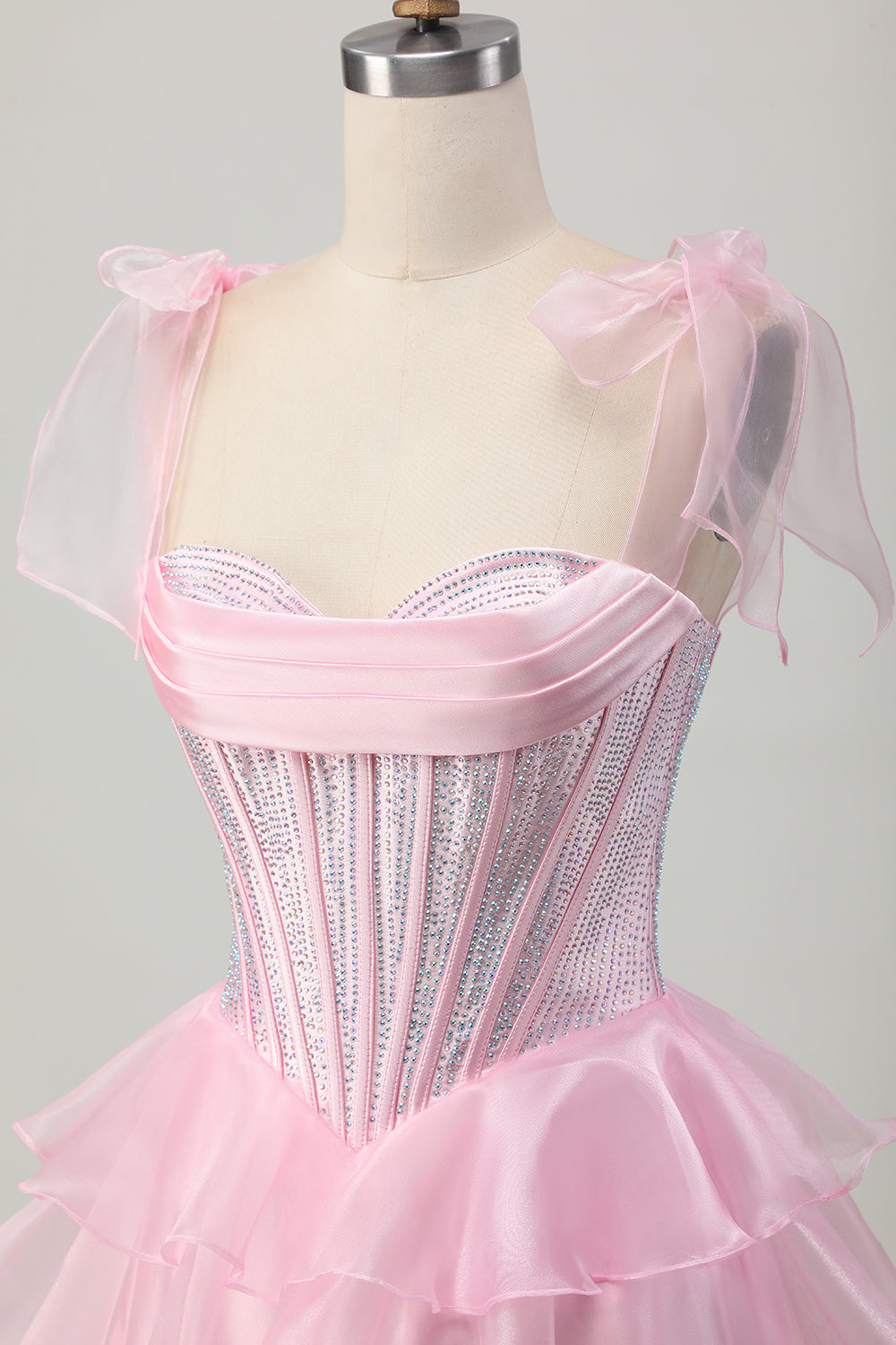 Sparkly Pink Tiered Ruched Short Corset Homecoming Dress with Beading