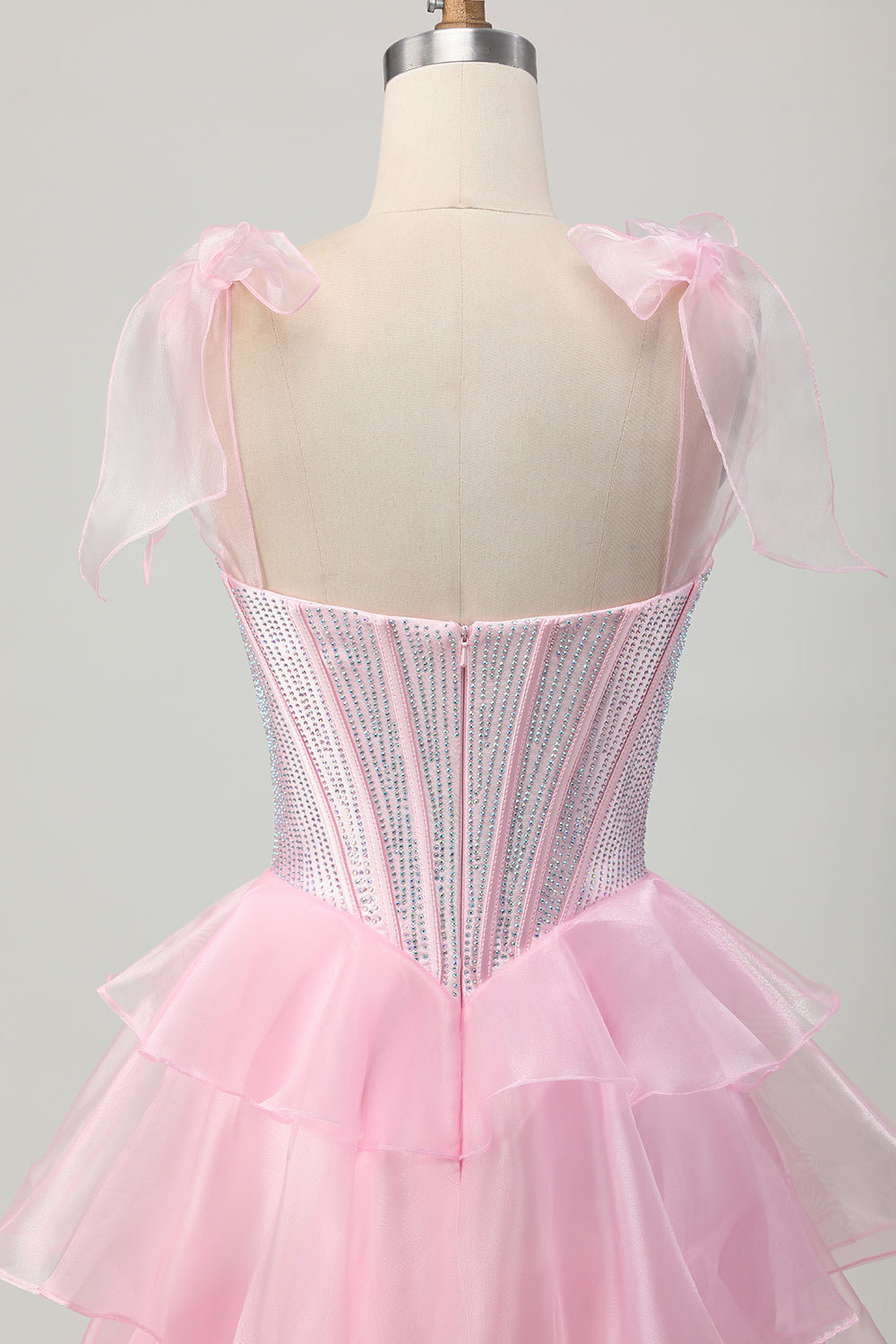 Sparkly Pink Tiered Ruched Short Corset Homecoming Dress with Beading