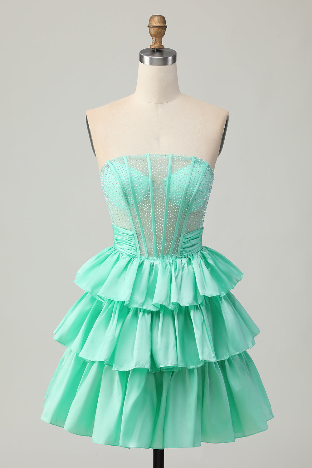 Sparkly Green Strapless Ruffled Short Corset Homecoming Dress with Bow
