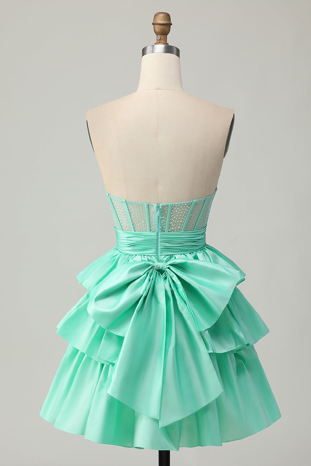 Sparkly Green Strapless Ruffled Short Corset Homecoming Dress with Bow