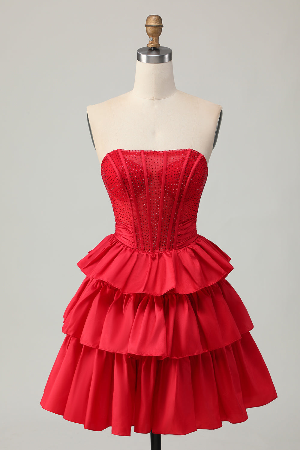 Sparkly Red Strapless Ruffled Short Corset Homecoming Dress with Bow