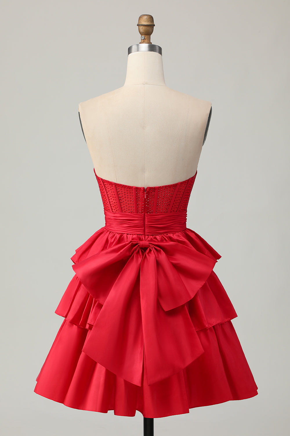 Sparkly Red Strapless Ruffled Short Corset Homecoming Dress with Bow