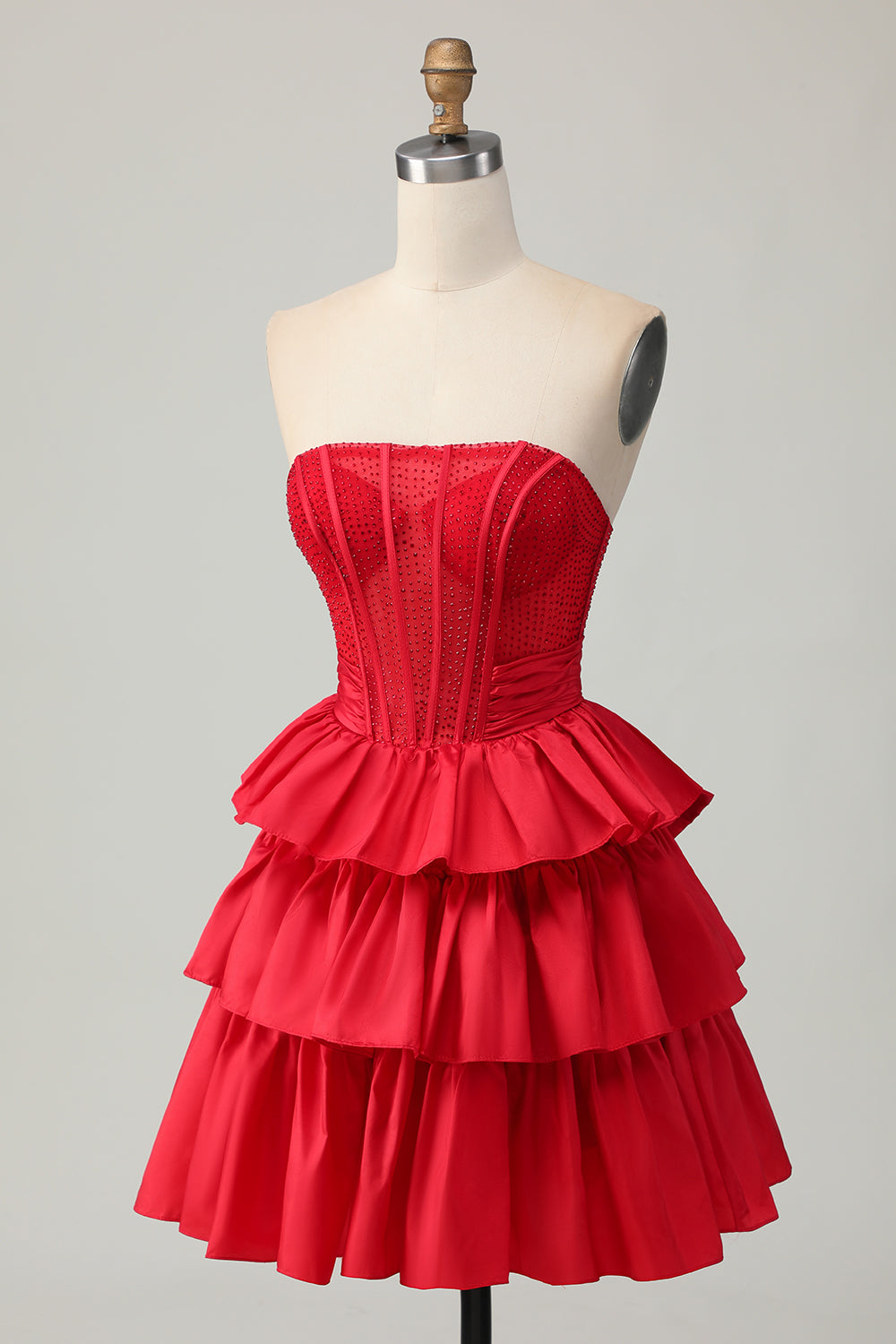 Sparkly Red Strapless Ruffled Short Corset Homecoming Dress with Bow