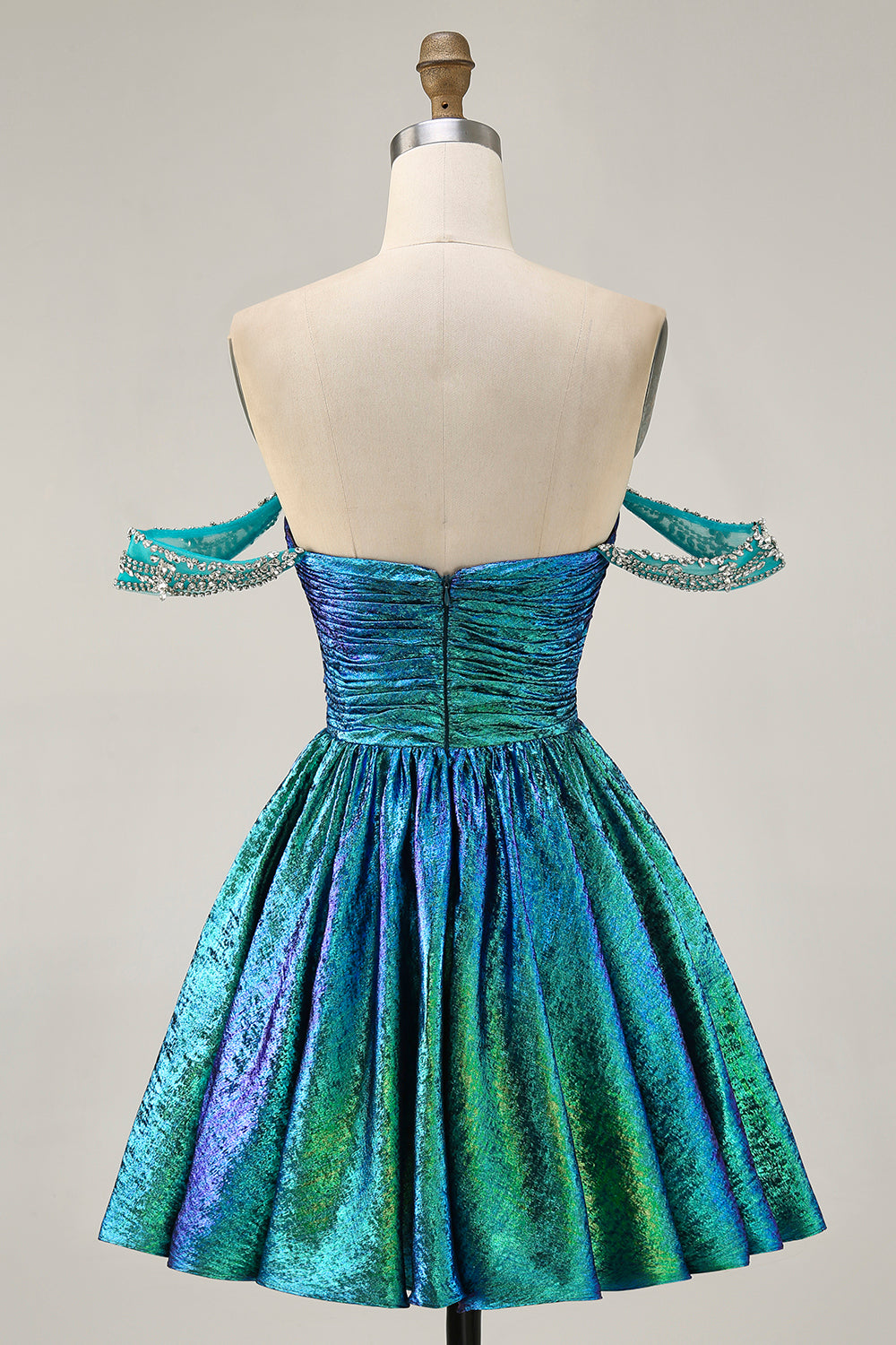 Sparkly Green A Line Off the Shoulder Short Metallic Homecoming Dress