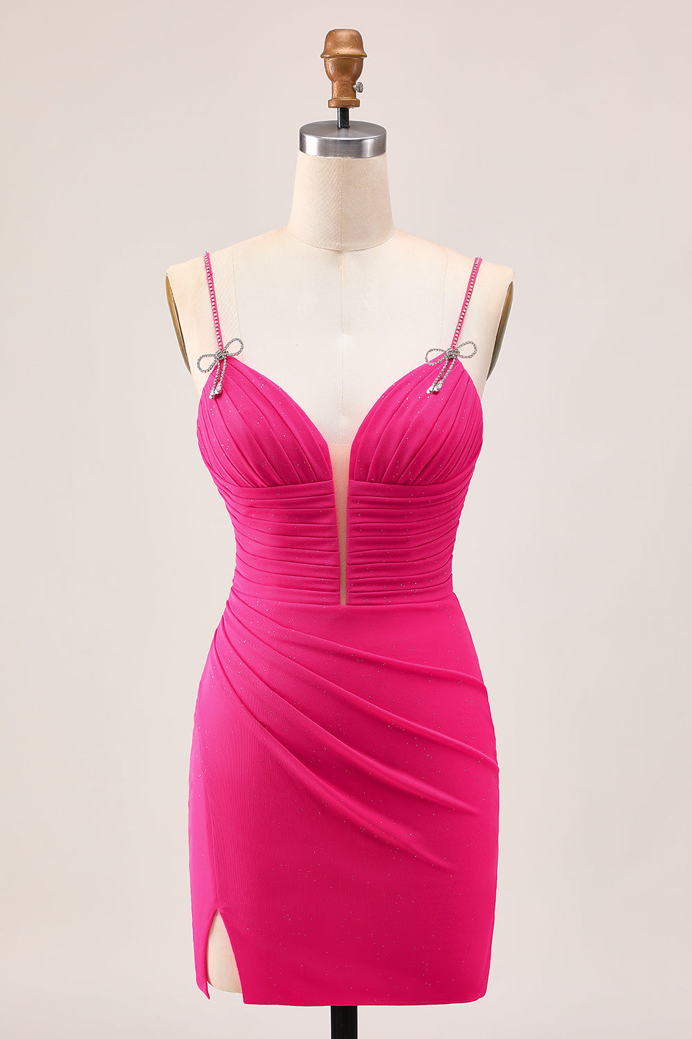 Glitter Fuchsia Spaghetti Straps Short Tight Homecoming Dress with Bows