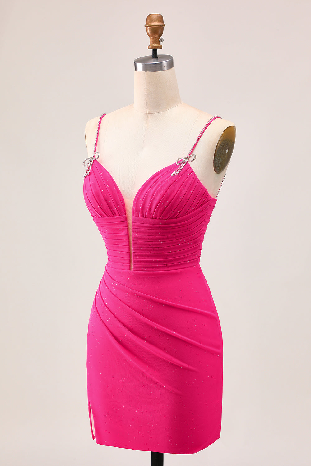 Glitter Fuchsia Spaghetti Straps Short Tight Homecoming Dress with Bows