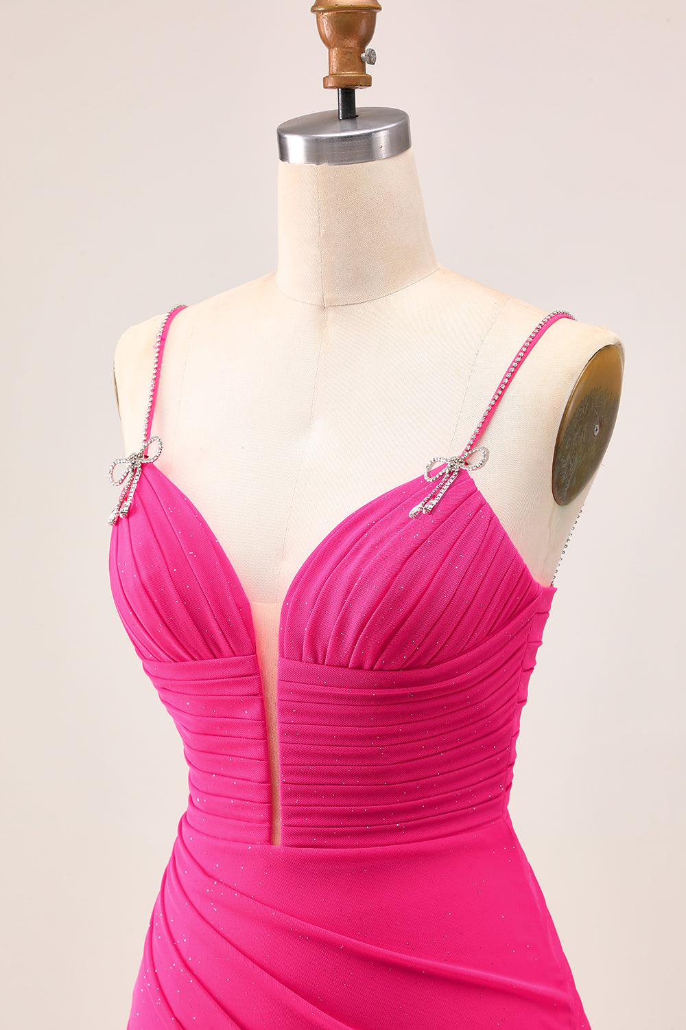 Glitter Fuchsia Spaghetti Straps Short Tight Homecoming Dress with Bows