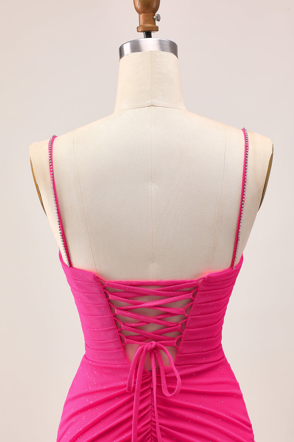Glitter Fuchsia Spaghetti Straps Short Tight Homecoming Dress with Bows