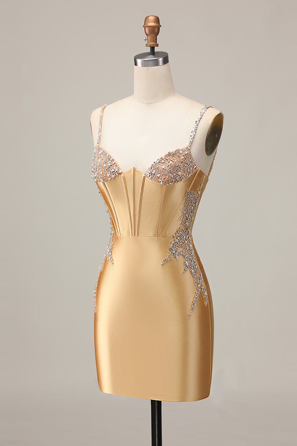 Sparkly Golden Satin Short Tight Corset Homecoming Dress with Beading