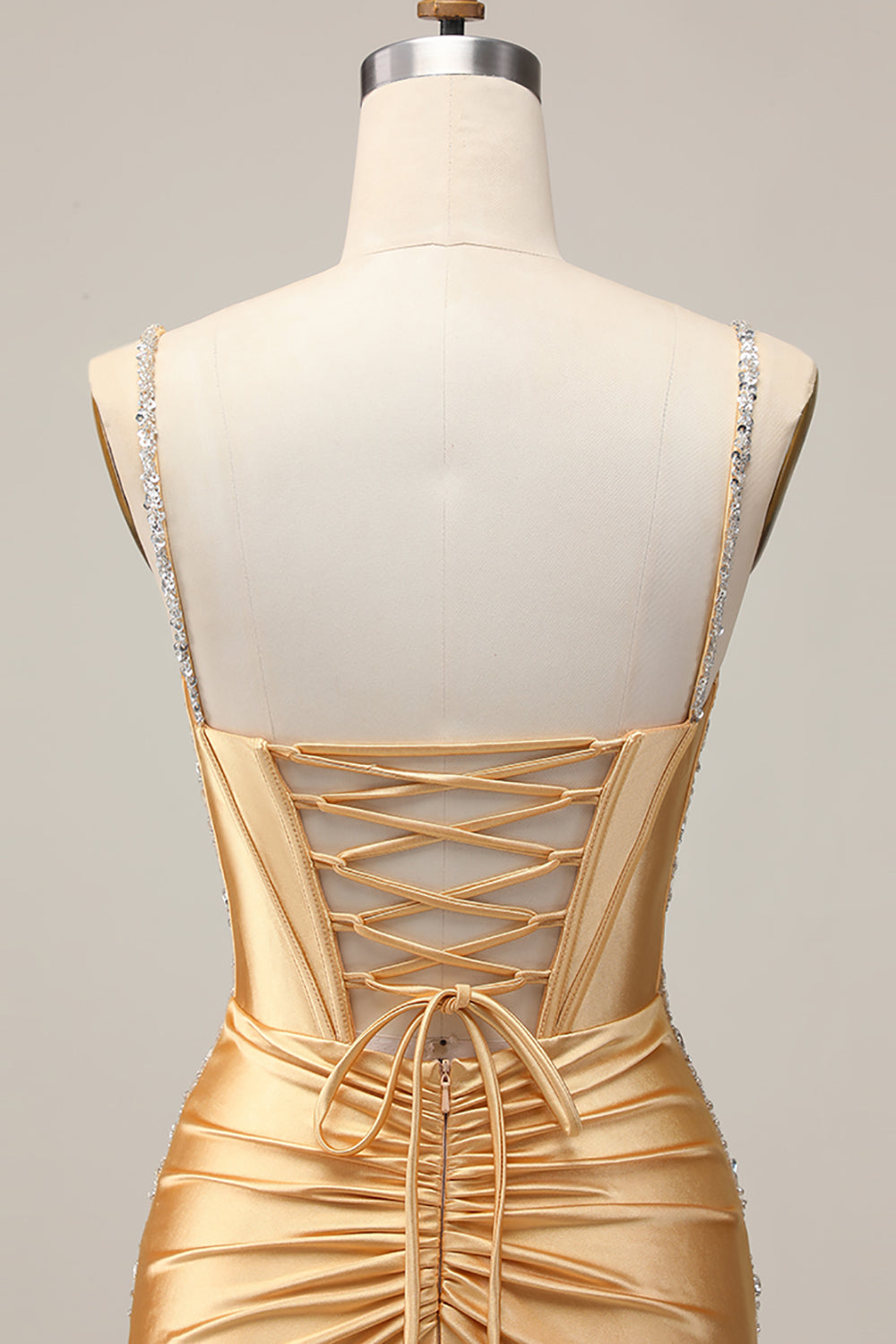 Sparkly Golden Satin Short Tight Corset Homecoming Dress with Beading