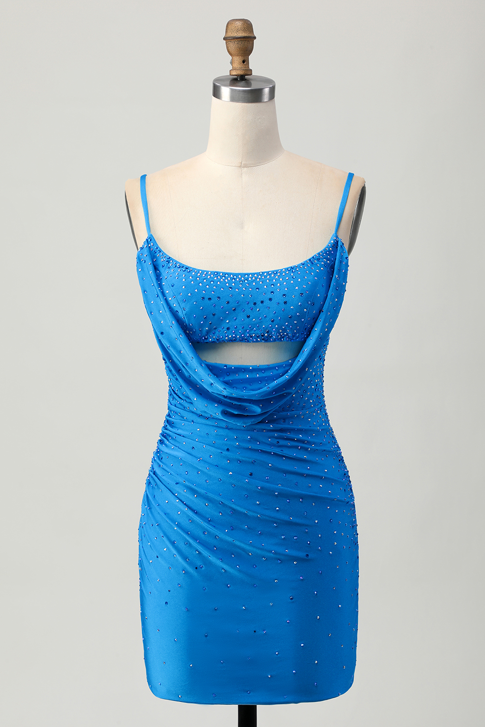 Sparkly Blue Beaded Cut Out Short Tight Homecoming Dress with Drapes