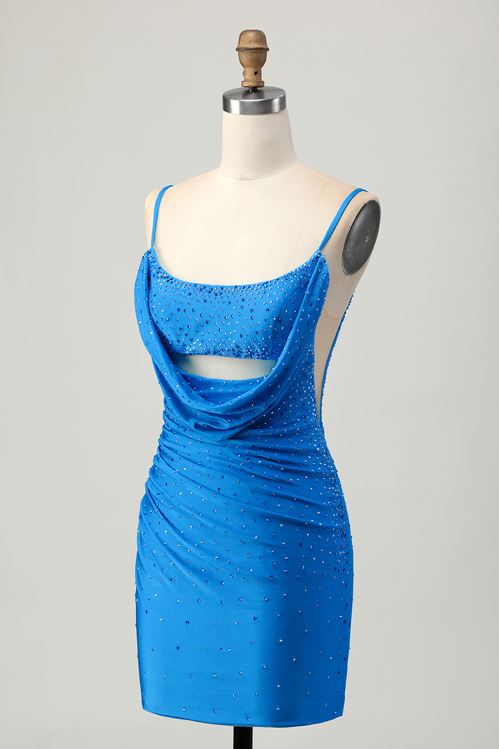 Sparkly Blue Beaded Cut Out Short Tight Homecoming Dress with Drapes