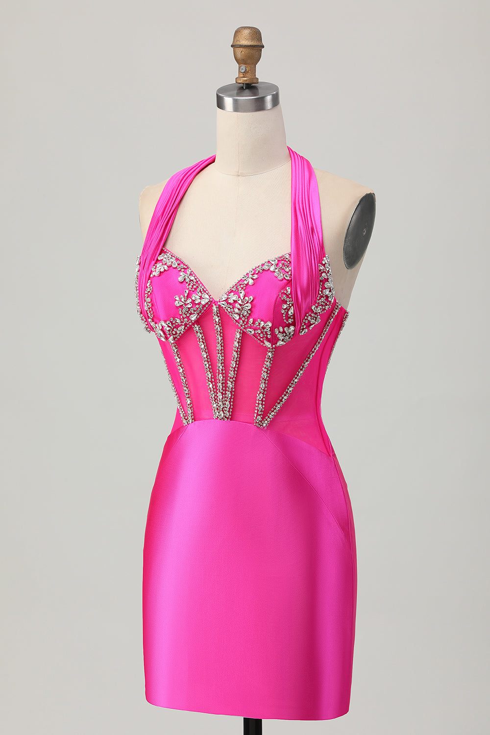 Sparkly Fuchsia Halter Tight Short Corset Homecoming Dress
