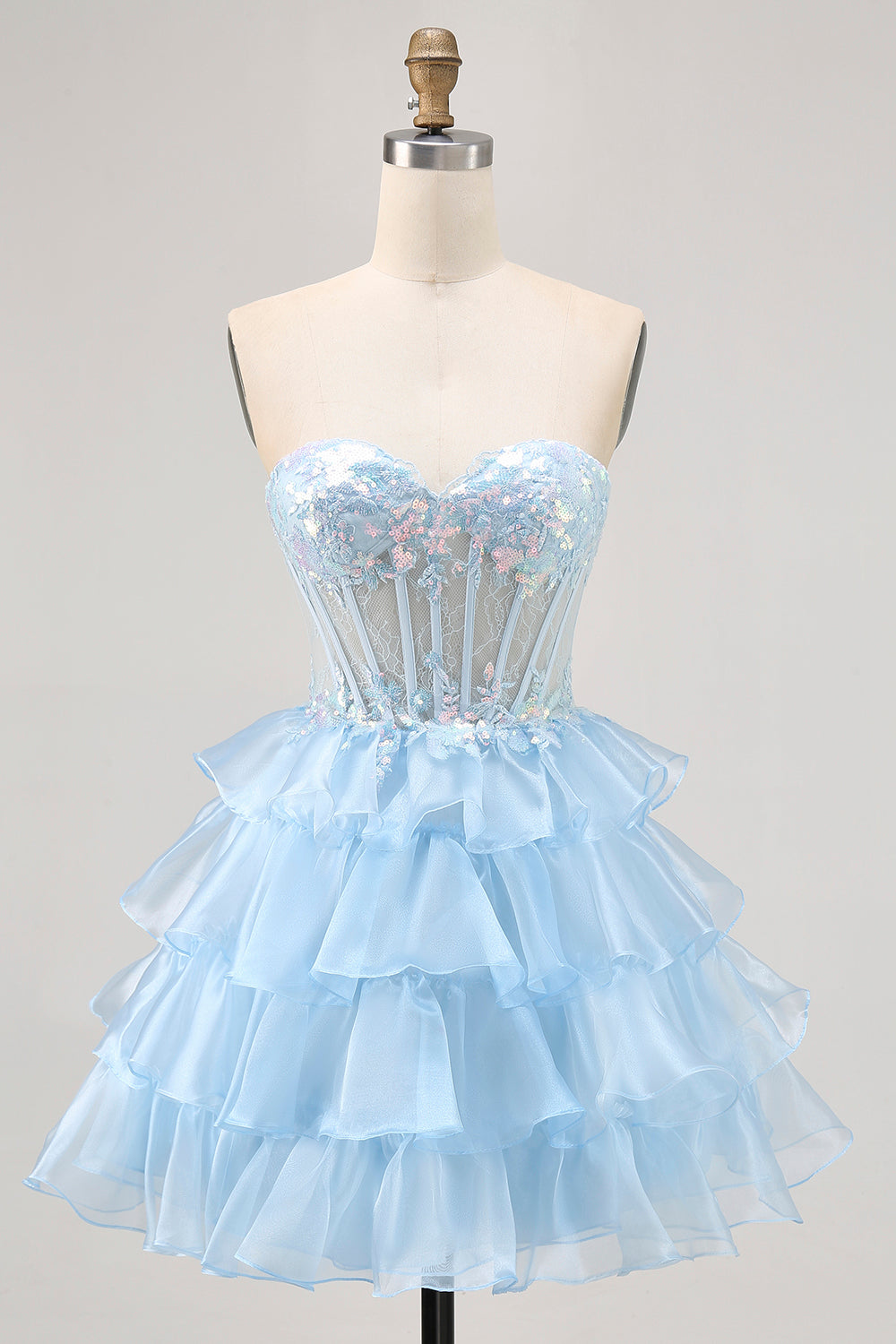 Sparkly Blue Sweetheart Ruffled Short Corset Homecoming Dress with Appliques