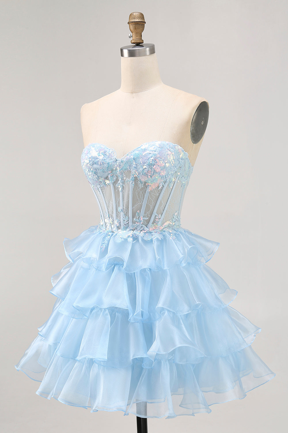 Sparkly Blue Sweetheart Ruffled Short Corset Homecoming Dress with Appliques