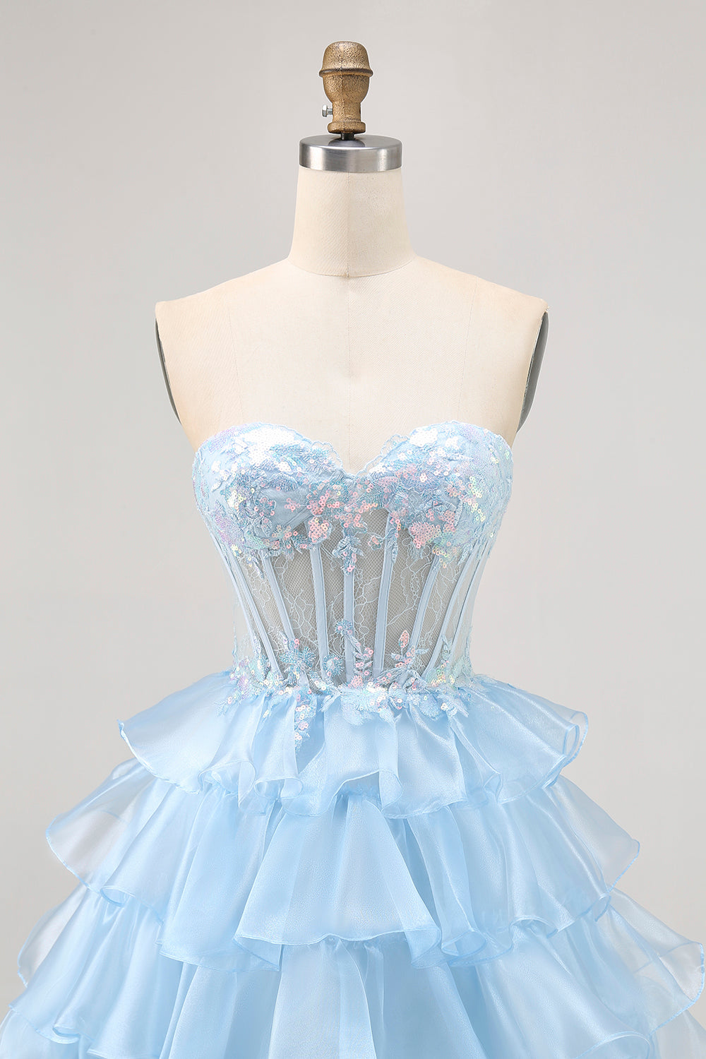 Sparkly Blue Sweetheart Ruffled Short Corset Homecoming Dress with Appliques