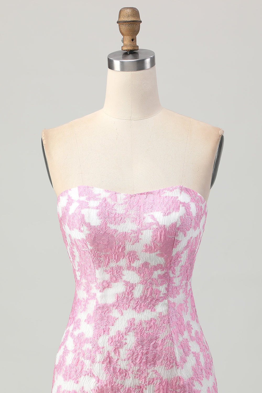 Floral Pink Tight Strapless Detachable Sleeves Jacquard Short Homecoming Dress