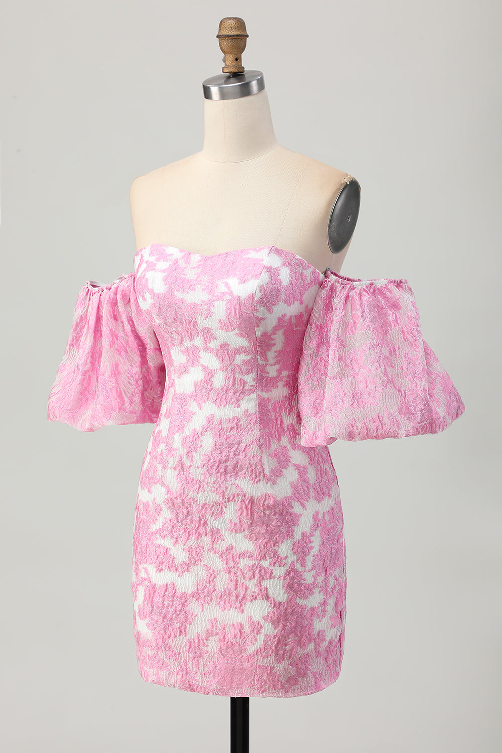 Floral Pink Tight Strapless Detachable Sleeves Jacquard Short Homecoming Dress