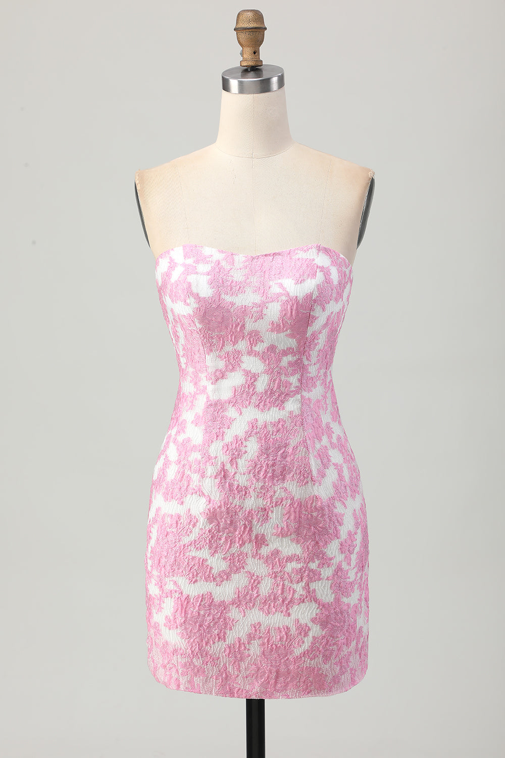 Floral Pink Tight Strapless Detachable Sleeves Jacquard Short Homecoming Dress