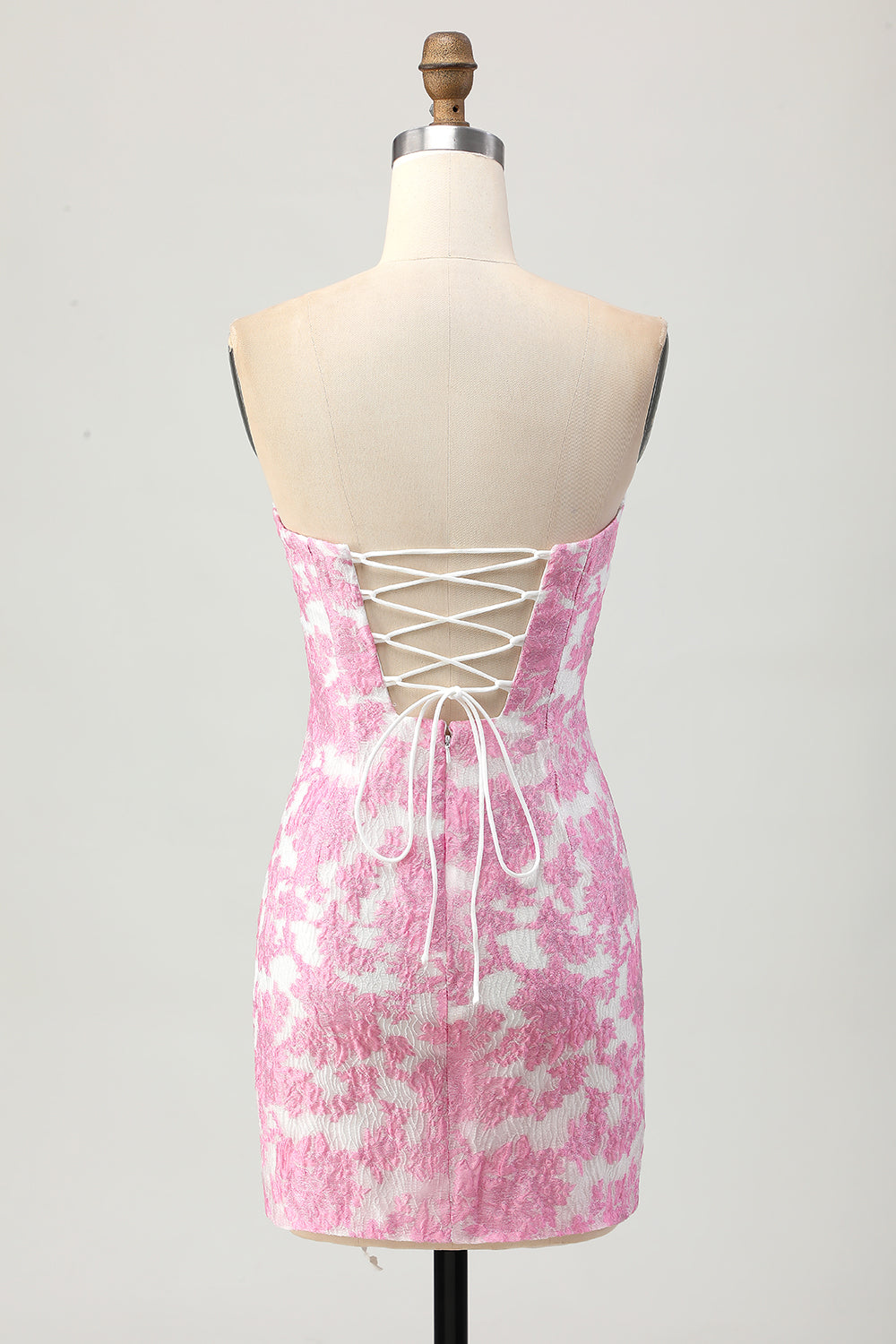 Floral Pink Tight Strapless Detachable Sleeves Jacquard Short Homecoming Dress
