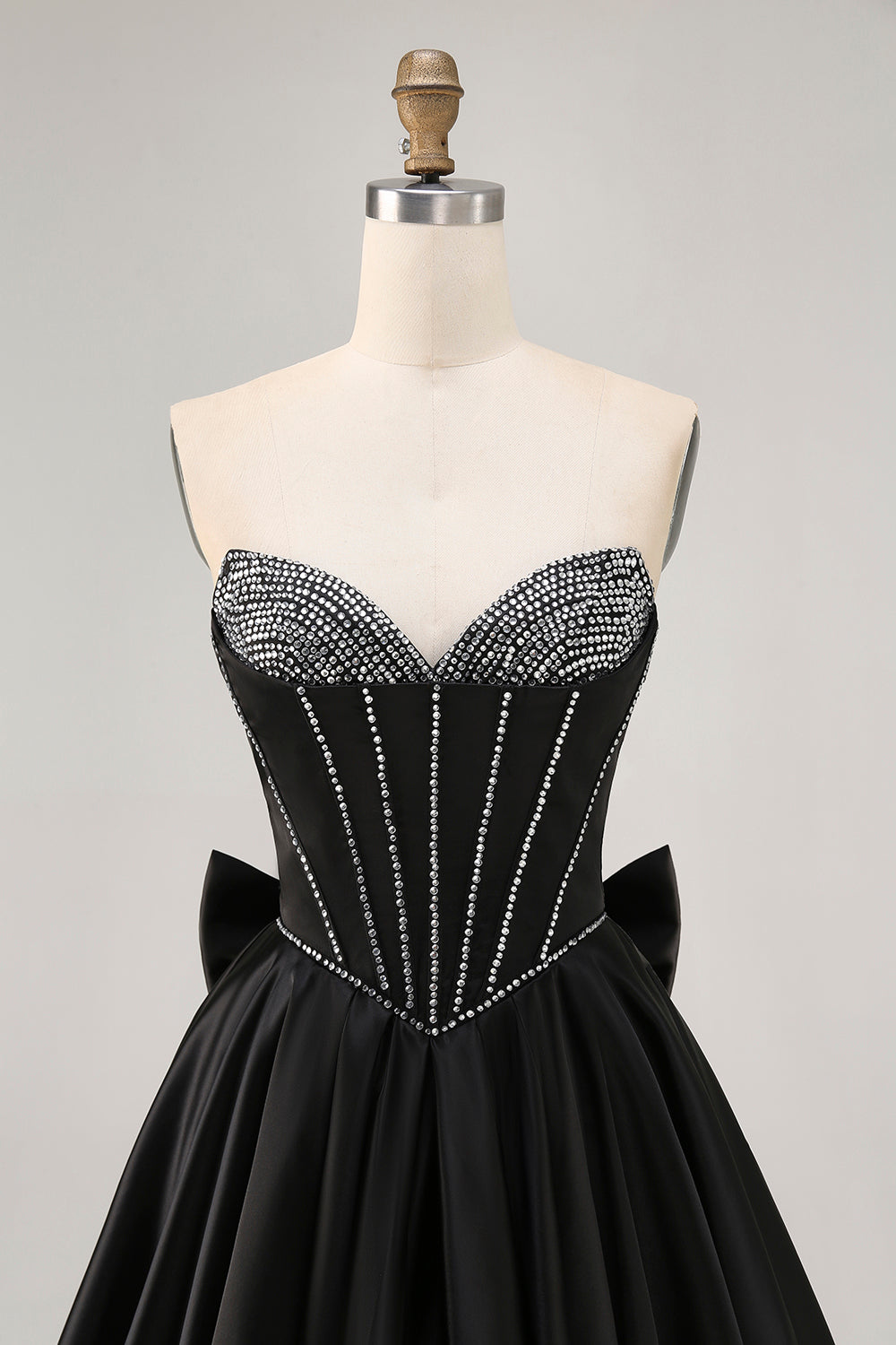 Sparkly Black Satin Short Corset Homecoming Dress with Bow