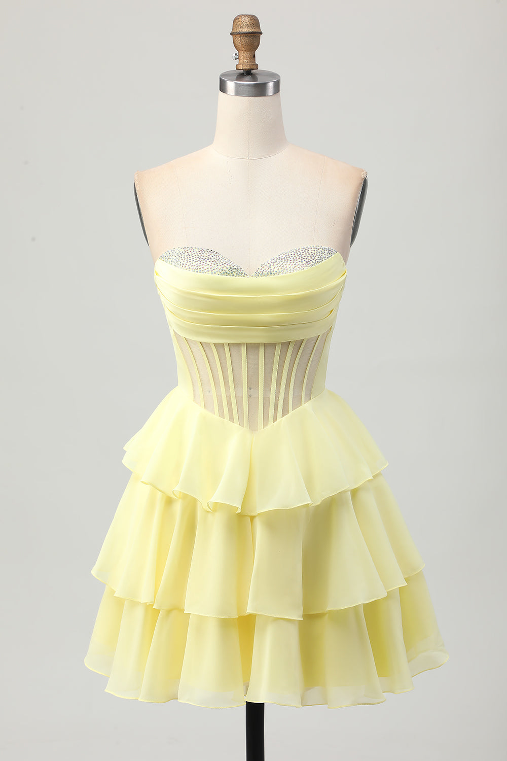 Sparkly Yellow Sweetheart Ruffled Short Corset Homecoming Dress with Beading