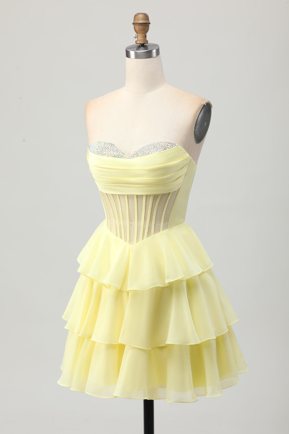 Sparkly Yellow Sweetheart Ruffled Short Corset Homecoming Dress with Beading