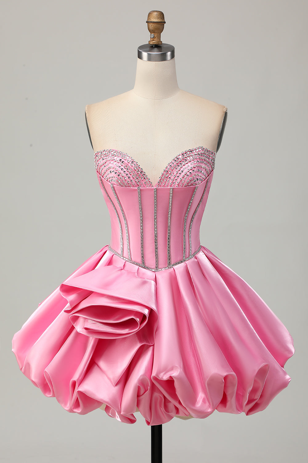 Cute Pink Satin Strapless Short Corset Homecoming Dress with Rhinestones