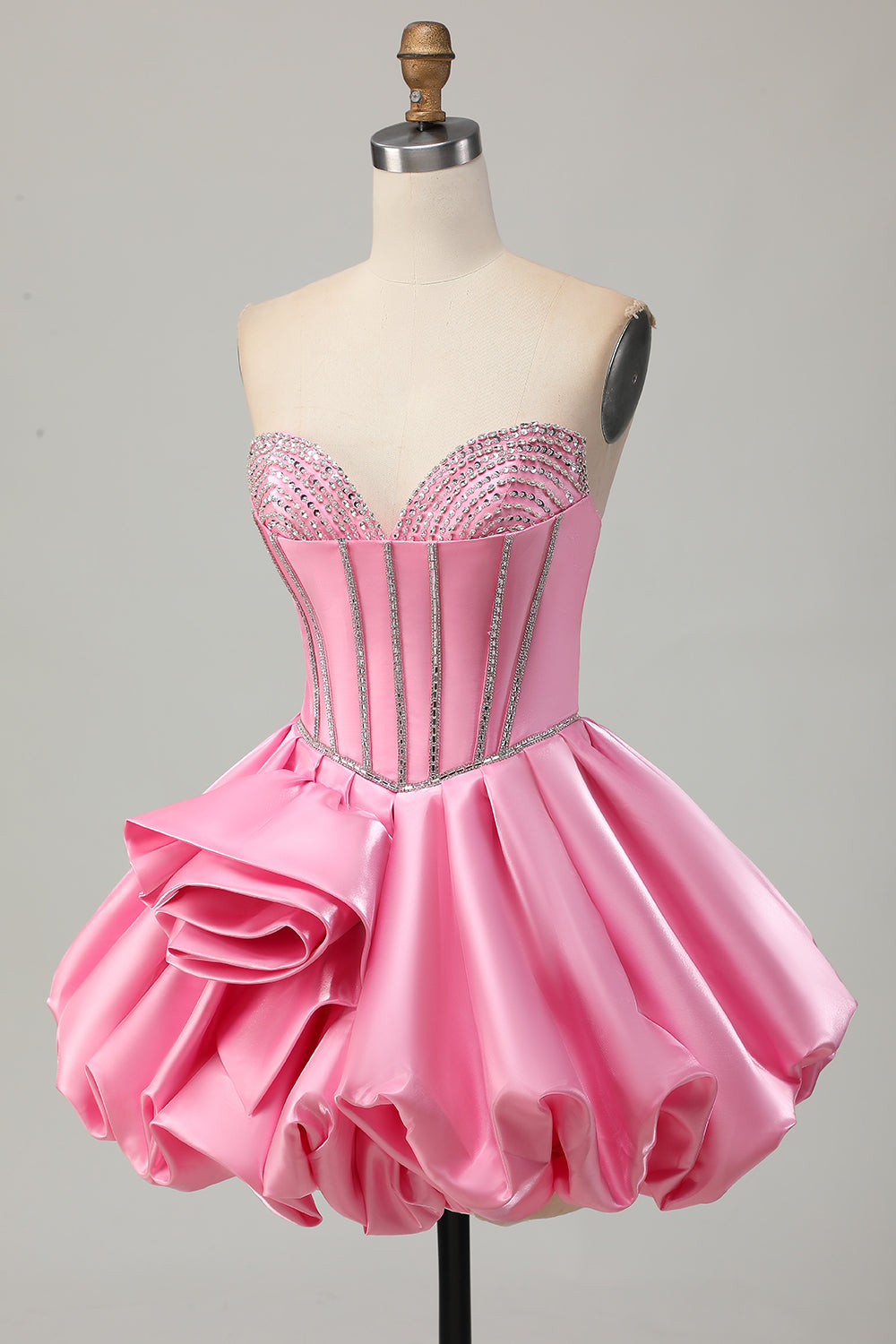 Cute Pink Satin Strapless Short Corset Homecoming Dress with Rhinestones