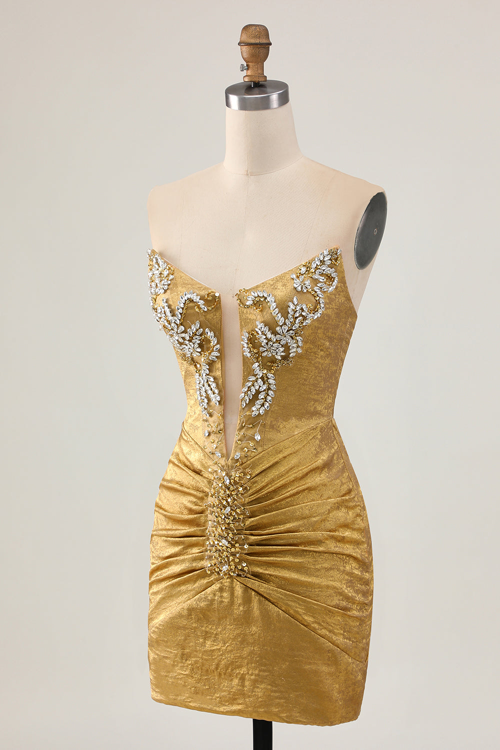 Sparkly Golden Strapless Short Bodycon Homecoming Dress with Beading