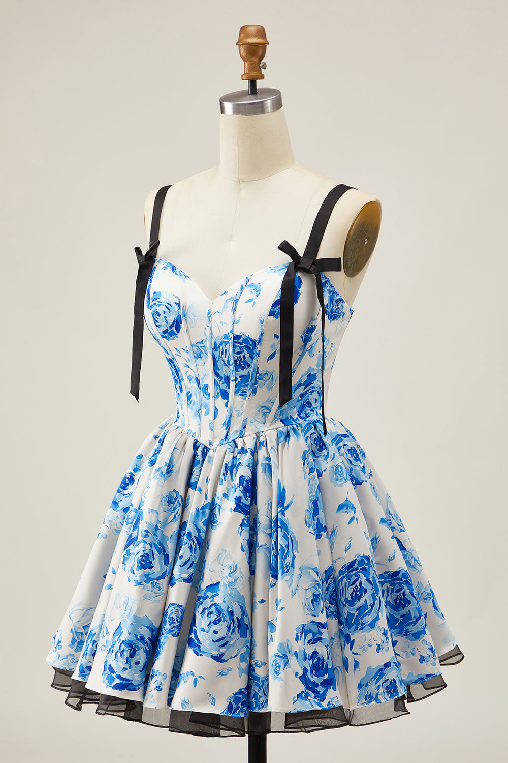 Floral White Blue A Line Short Corset Homecoming Dress with Bow
