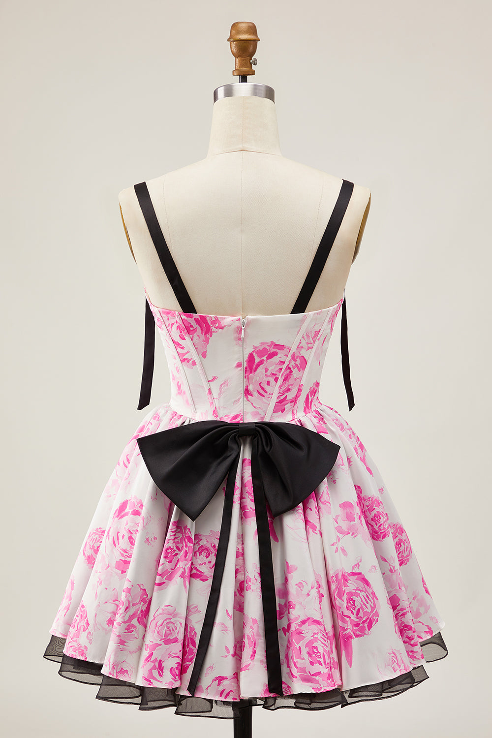 White Fuchsia A Line Corset Short Floral Homecoming Dress with Bow