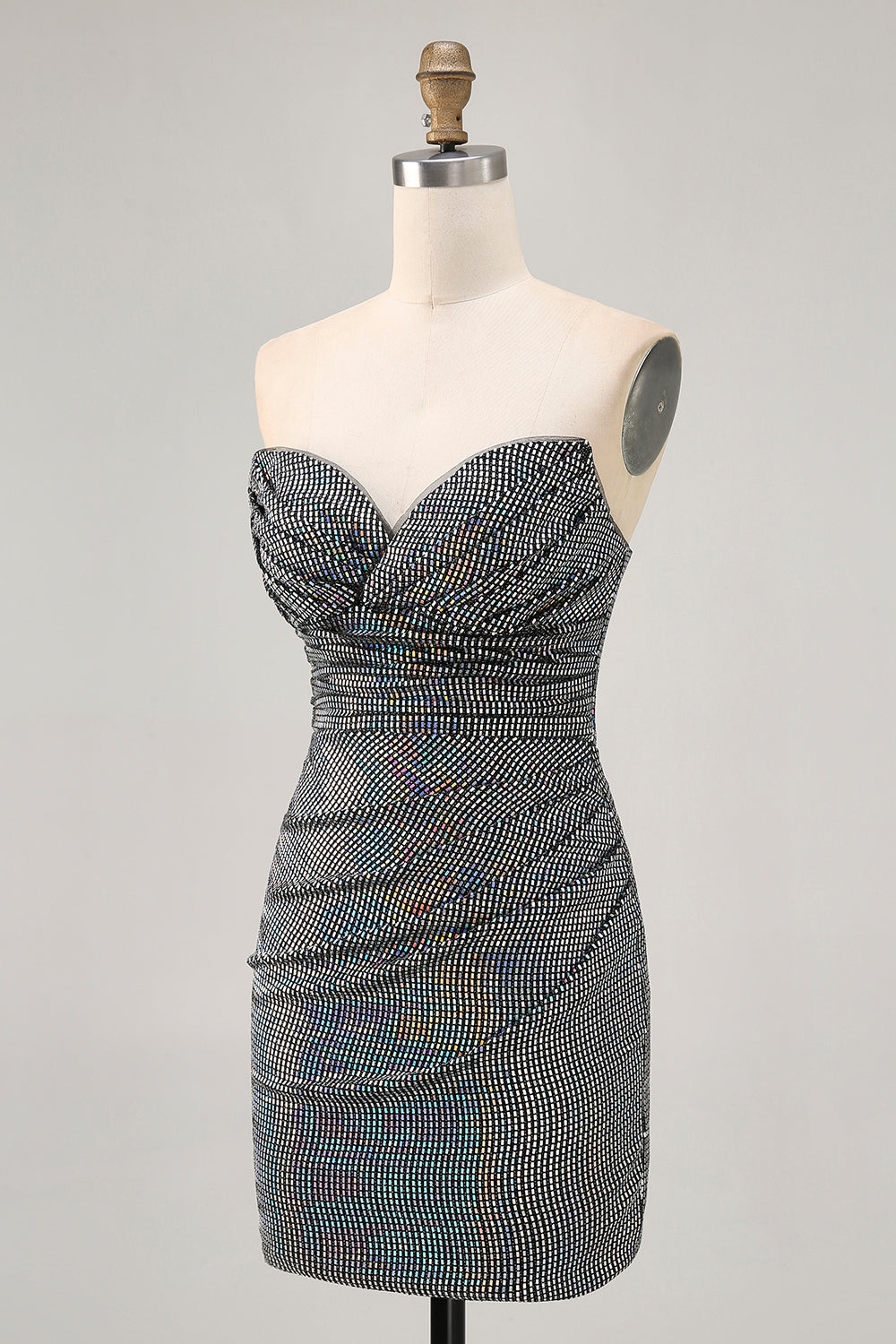 Sparkly Black Sequin Strapless Ruched Short Tight Homecoming Dress