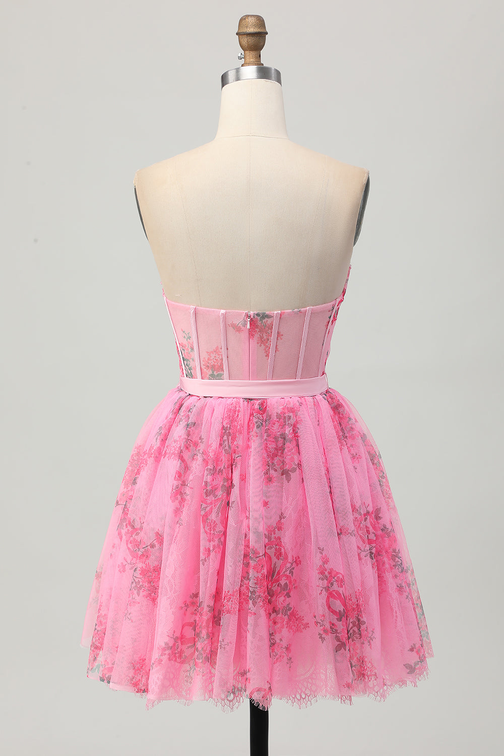 Pink Strapless Floral Short Corset Homecoming Dress with Bow