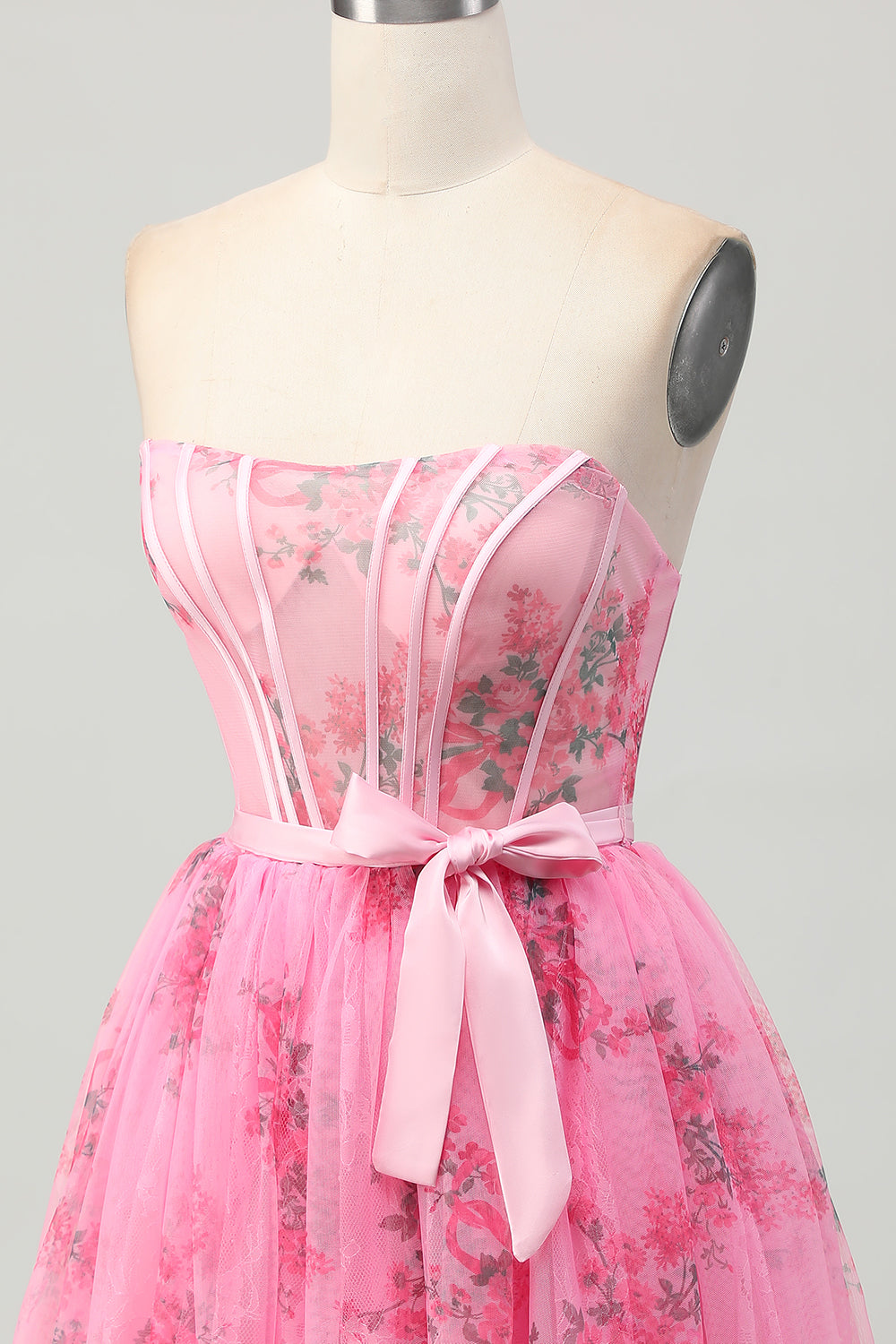 Pink Strapless Floral Short Corset Homecoming Dress with Bow