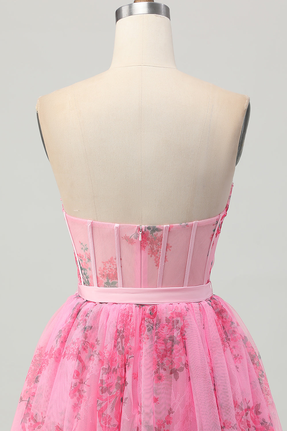 Pink Strapless Floral Short Corset Homecoming Dress with Bow