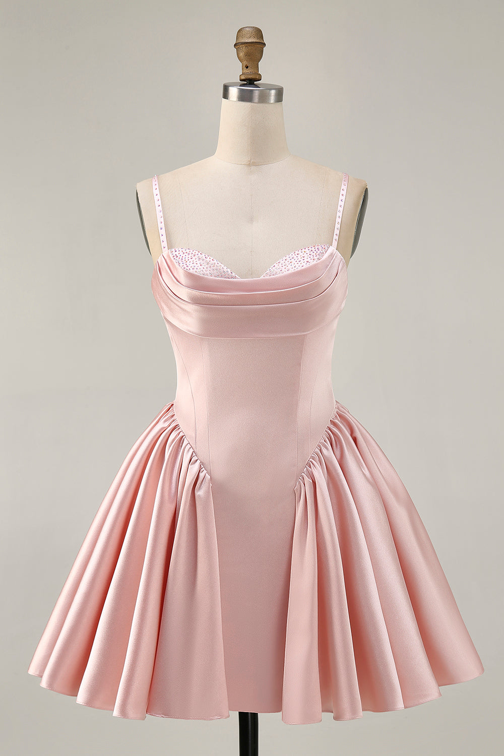 Sparkly Blush A Line Short Satin Homecoming Dress with Beading
