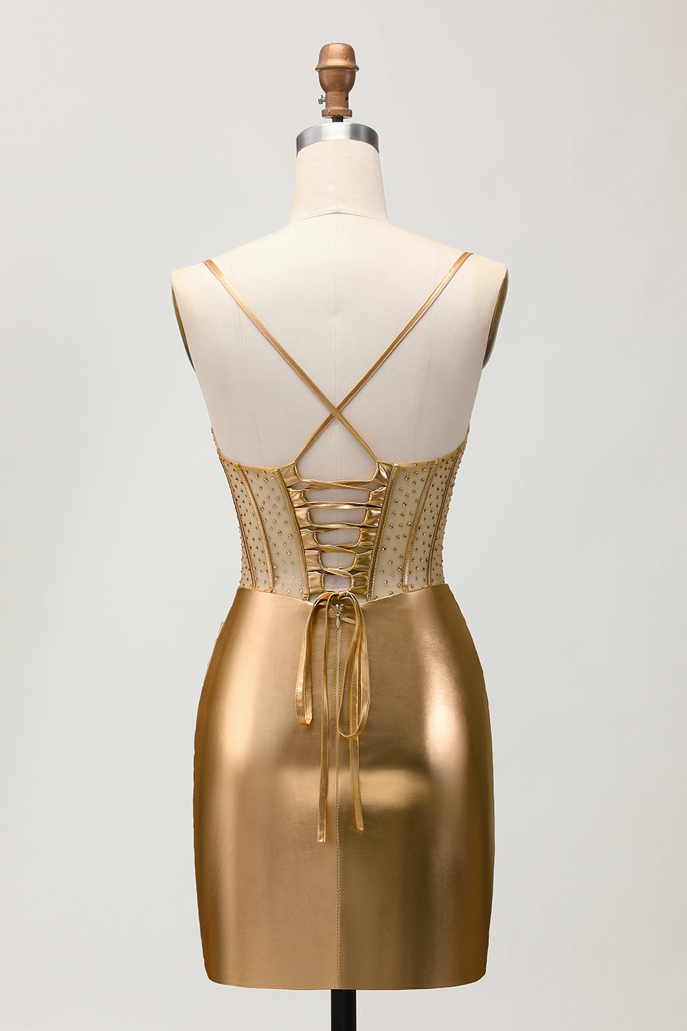 Sparkly Golden Metallic Ruched Tight Short Corset Homecoming Dress with Beading