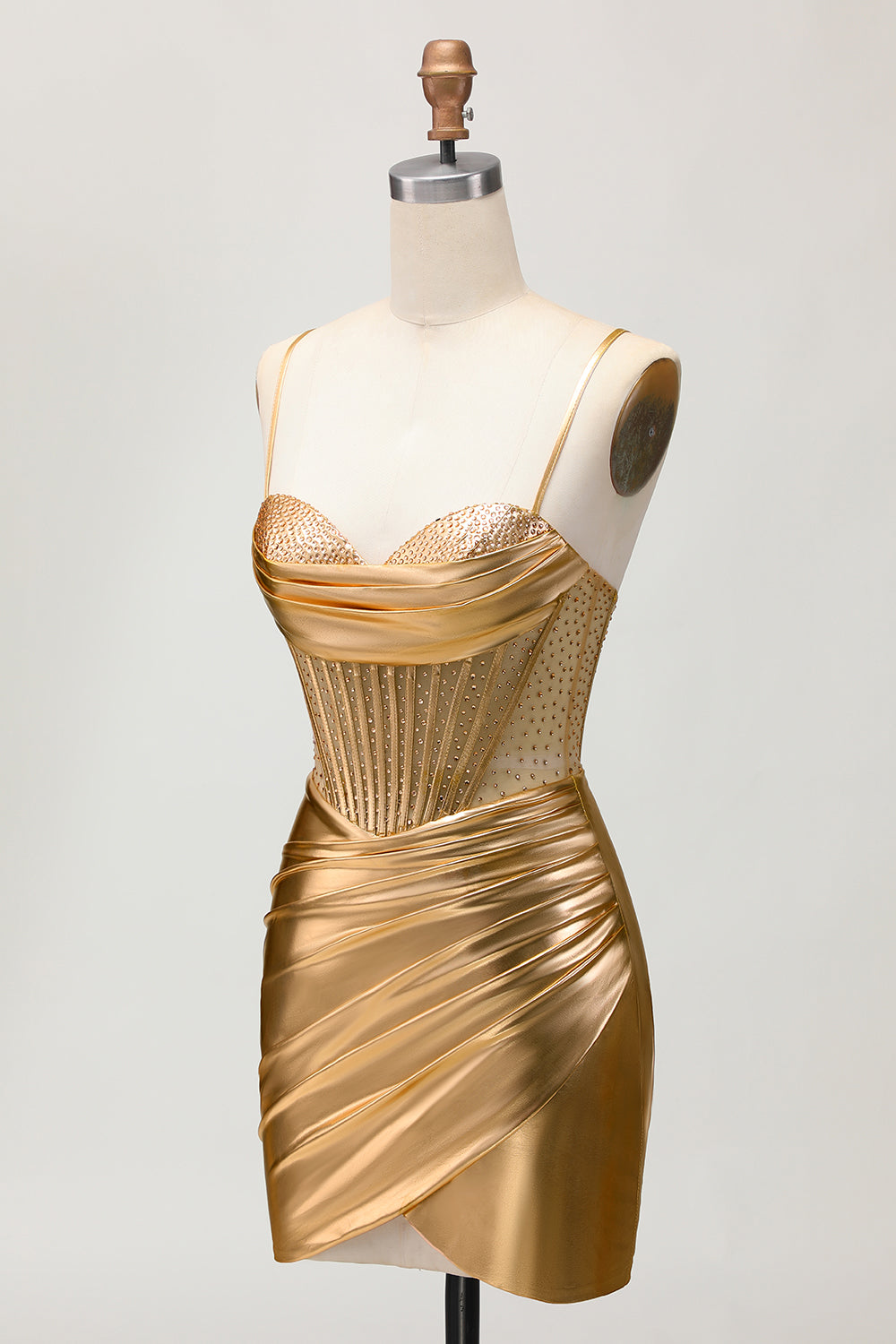 Sparkly Golden Metallic Ruched Tight Short Corset Homecoming Dress with Beading
