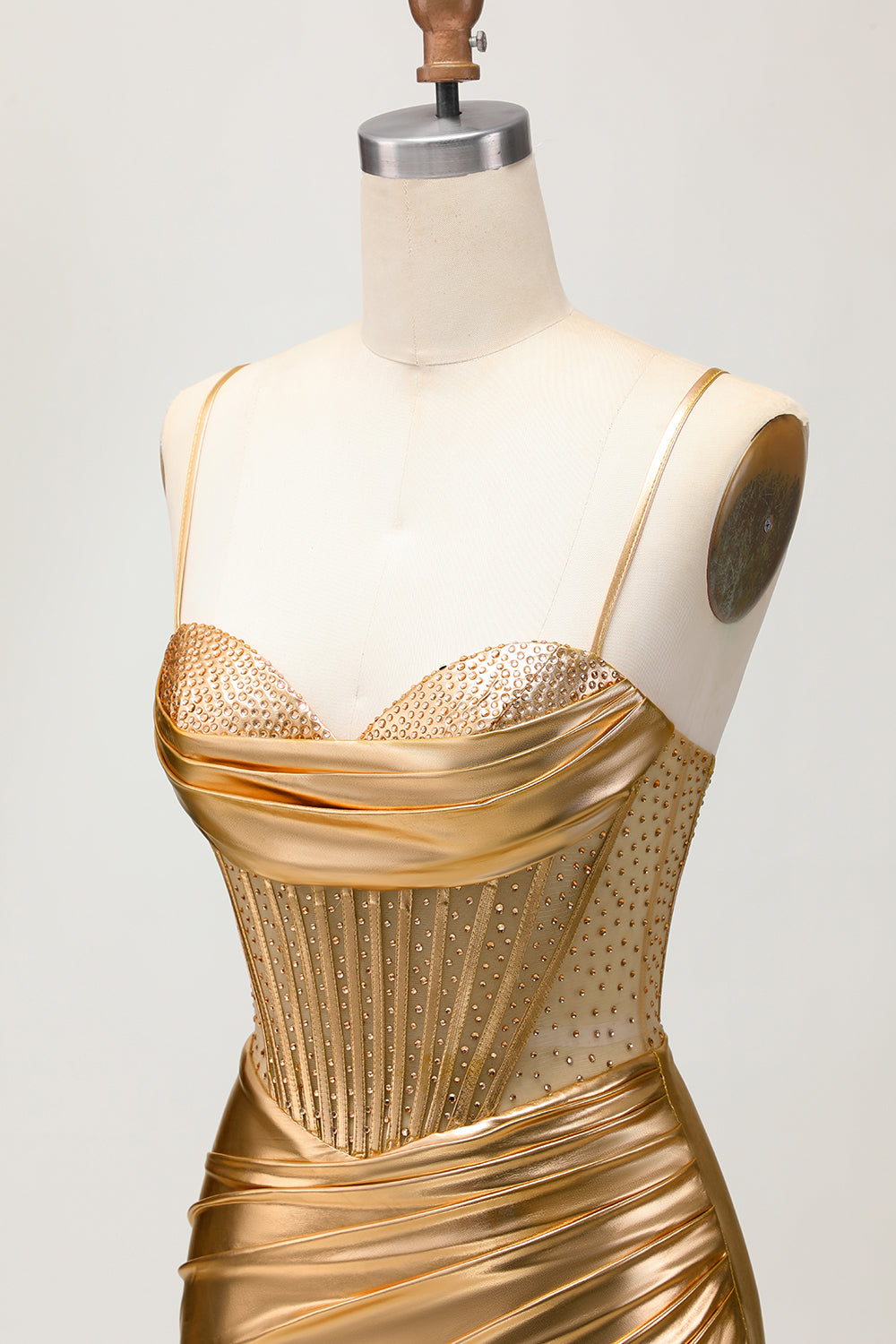 Sparkly Golden Metallic Ruched Tight Short Corset Homecoming Dress with Beading